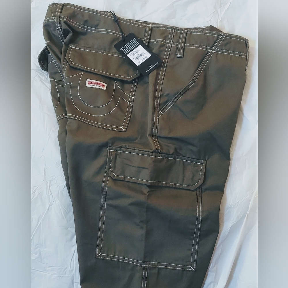 TRUE RELIGION KALAMATA MEN'S GREEN POLY - COTTON CARGO PANTS SIZE 34X32 NWT $159
